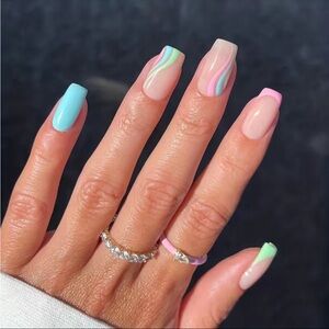 Acrylic Medium Square Tip Pastel French Manicure Rainbow Nails Professional Art